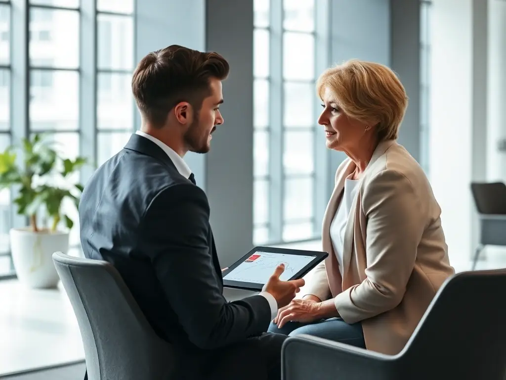 A senior financial advisor at TriStar Wealth Advisors is meeting with a client in a modern office setting, reviewing retirement plans and investment options on a tablet, with a focus on personalized financial planning.